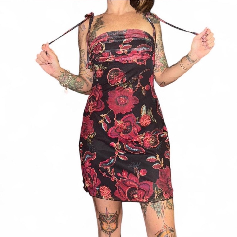 Cider Black and Red Floral Mini Dress